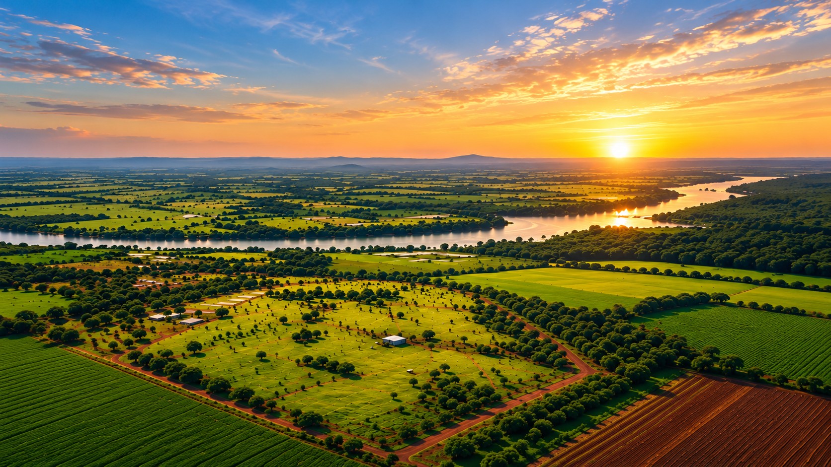 Paisagem agrícola brasileira ao pôr do sol